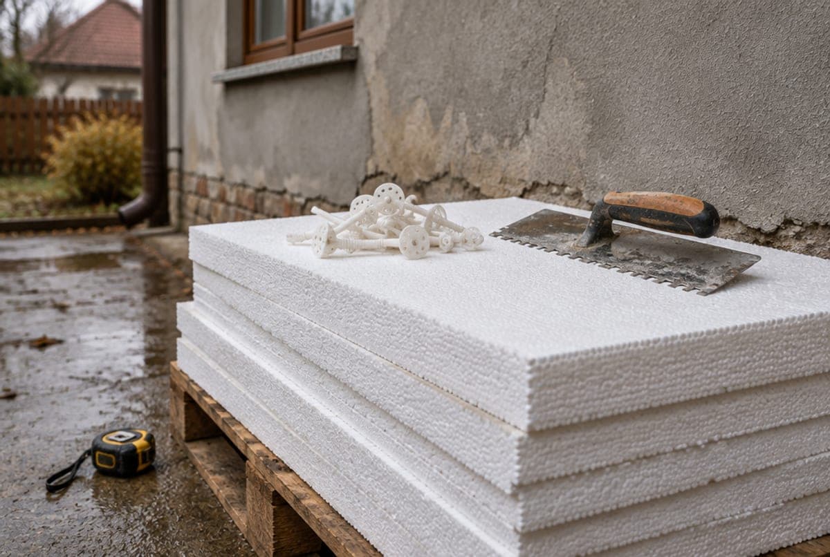 polystyrénové dosky na palete pri fasáde staršieho rodinného domu