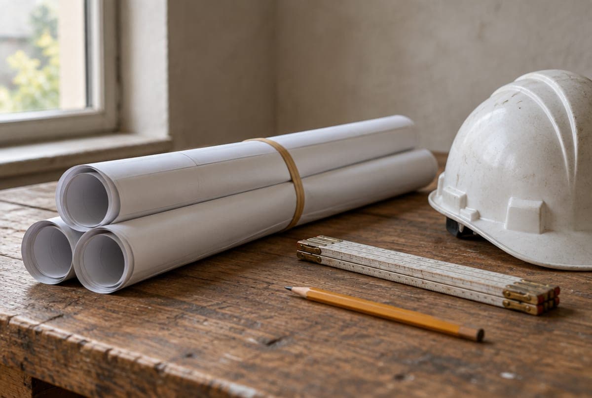 zrolovaný projekt stavby, prilba a skladací meter na stole
